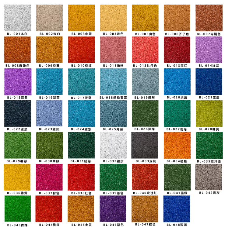 Color chart of EPDM granules showcasing various shades with corresponding product codes (e.g., BL - 001, BL - 002) for each colored granule sample.