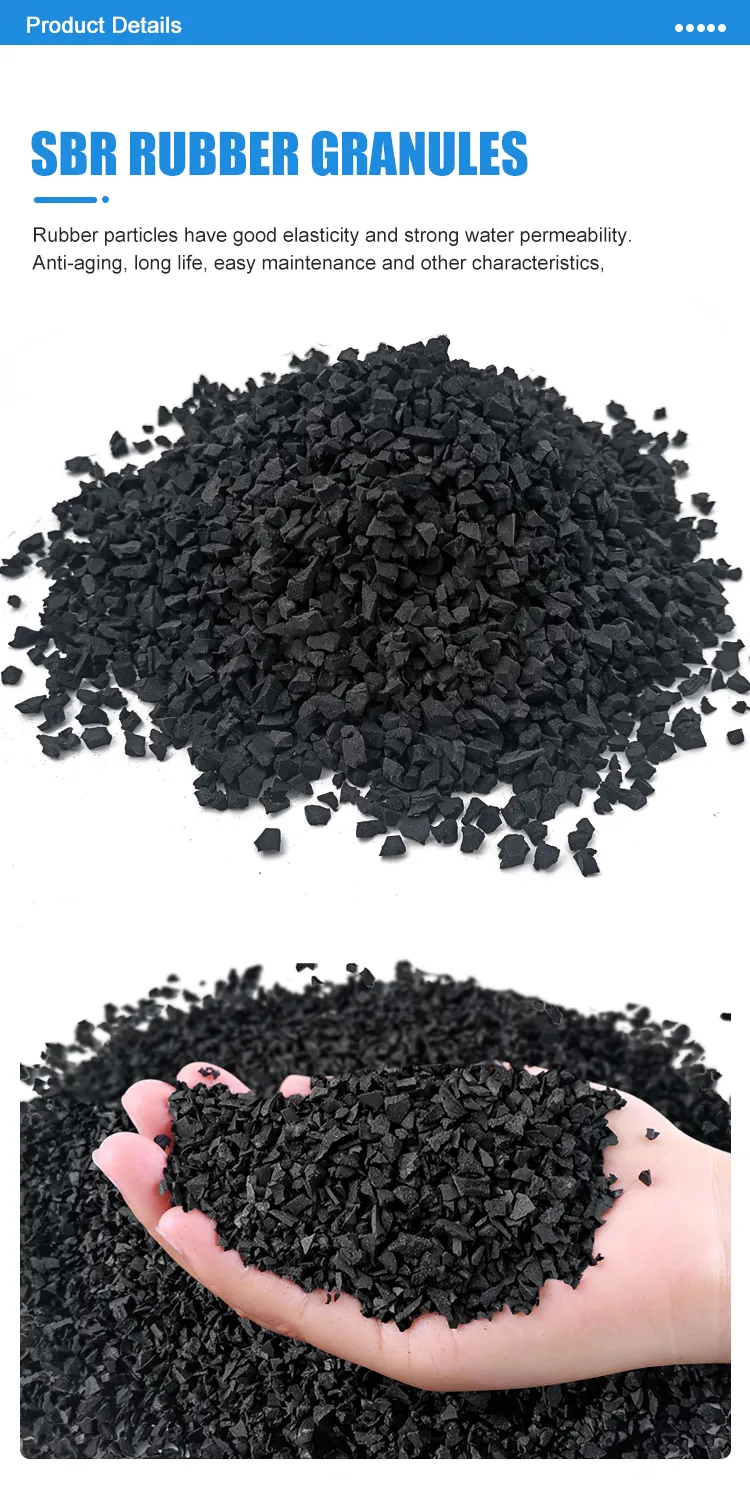 A hand holding a pile of black SBR rubber granules, demonstrating the texture and size of the recycled rubber infill.