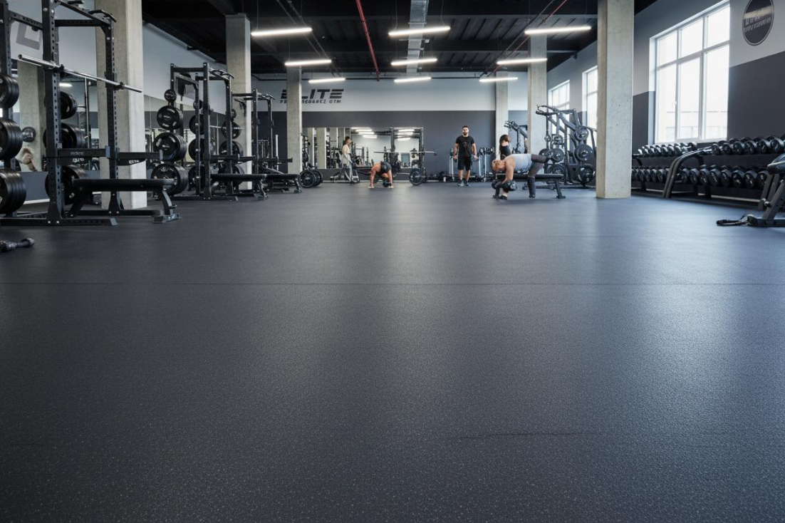 A spacious commercial gym featuring durable black rubber flooring with a speckled texture, designed to withstand heavy weightlifting equipment and high-traffic workouts. A spacious commercial gym featuring durable black rubber flooring with a speckled texture, designed to withstand heavy weightlifting equipment and high-traffic workouts.