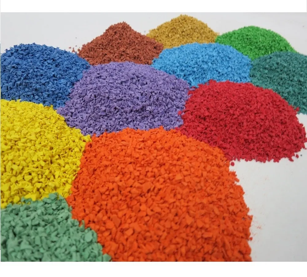 A pile of mixed-color EPDM rubber granules, highlighting the vibrant and irregular texture of the material.