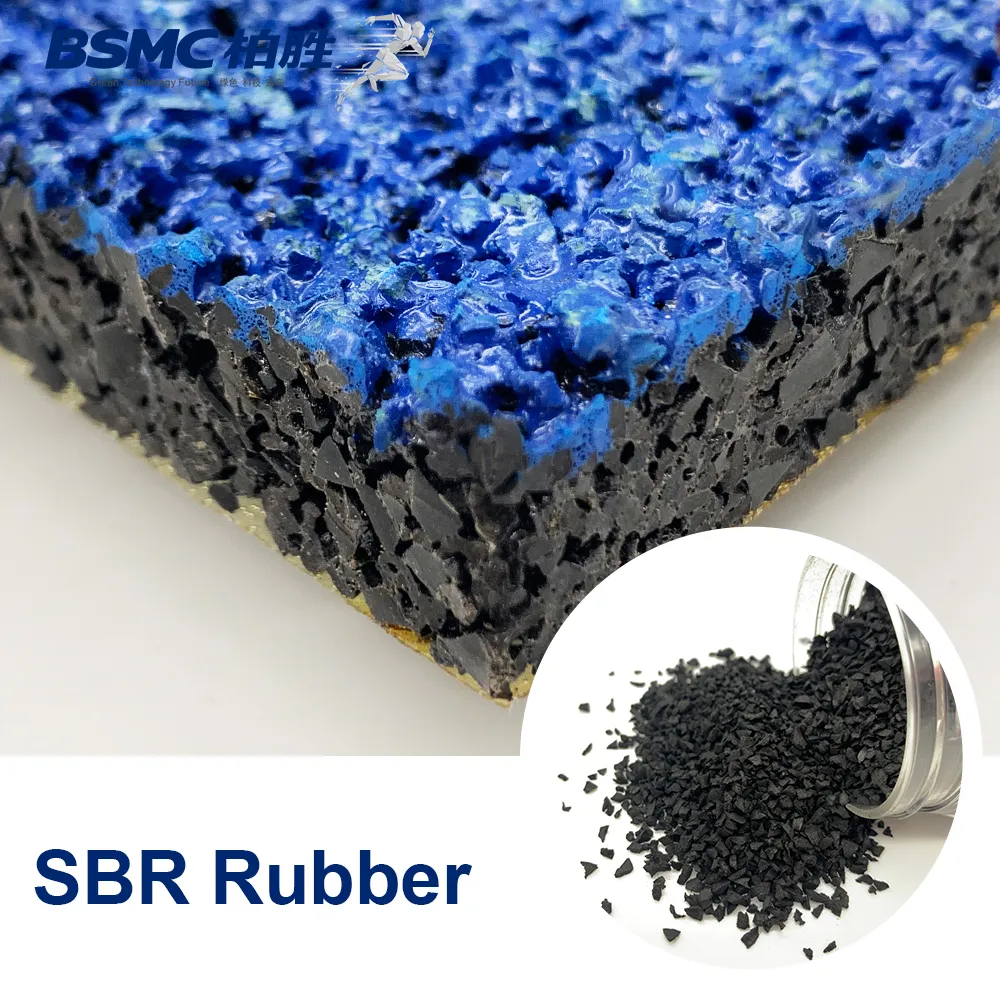 Cross-section of a blue running track with a black SBR rubber granule base layer, illustrating the layered structure of the sports surface.