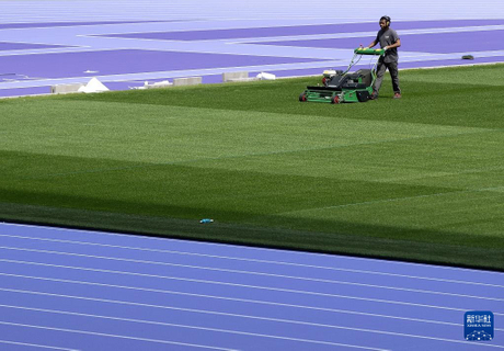 A worker is mowing a lush green lawn with a push mower, bordered by a blue surface with white dashed lines in the foreground and a purple and white patterned area in the background..jpeg