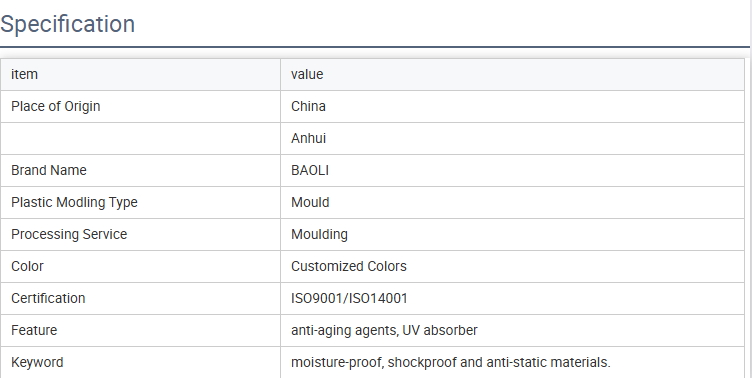 A specification table for BAOLI brand products from Anhui, China, listing details such as plastic molding type (Mould), processing service (Moulding), customized colors, ISO9001/ISO14001 certification, features like anti-aging agents and UV absorber, and keywords including moisture-proof, shockproof, and anti-static materials.