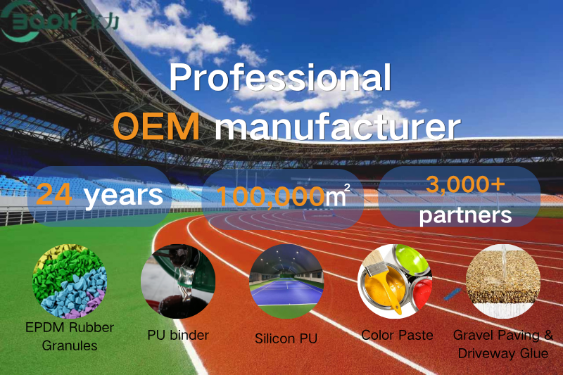 An infographic for Baoli, a professional OEM manufacturer with 24 years of experience, 100,000m&sup2; of facilities, and 3,000+ partners, showcasing products like EPDM rubber granules, PU binder, Silicon PU, color paste, and gravel paving glue against a stadium background.