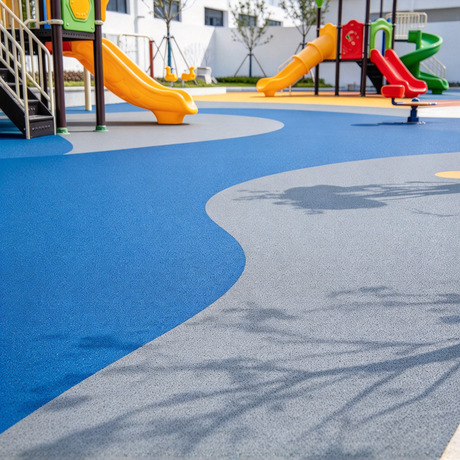 A colorful outdoor playground featuring bright yellow, red, and green slides, set on a soft, patterned safety surface of blue and grey rubber flooring under sunny skies..png