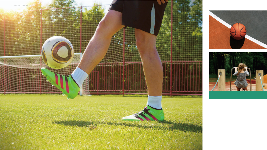Healthy eco‑friendly sports venue solutions, football, basketball and kids playground activity scenes