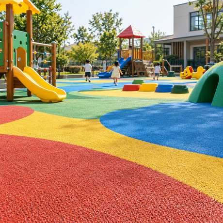 Children playing on a colorful playground with vibrant rubber flooring and various play structures.png
