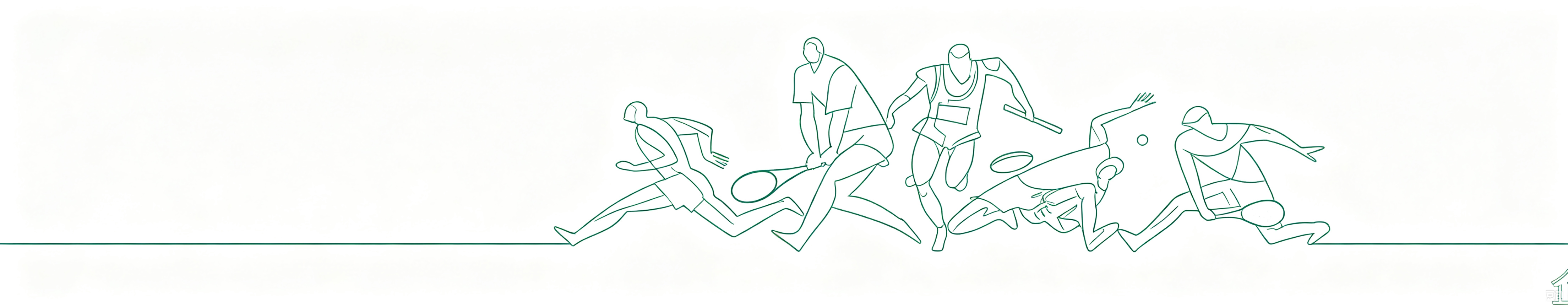 Line art illustration of multi‑sport athletes, running, tennis, relay, ball games for eco‑friendly sports venue solutions