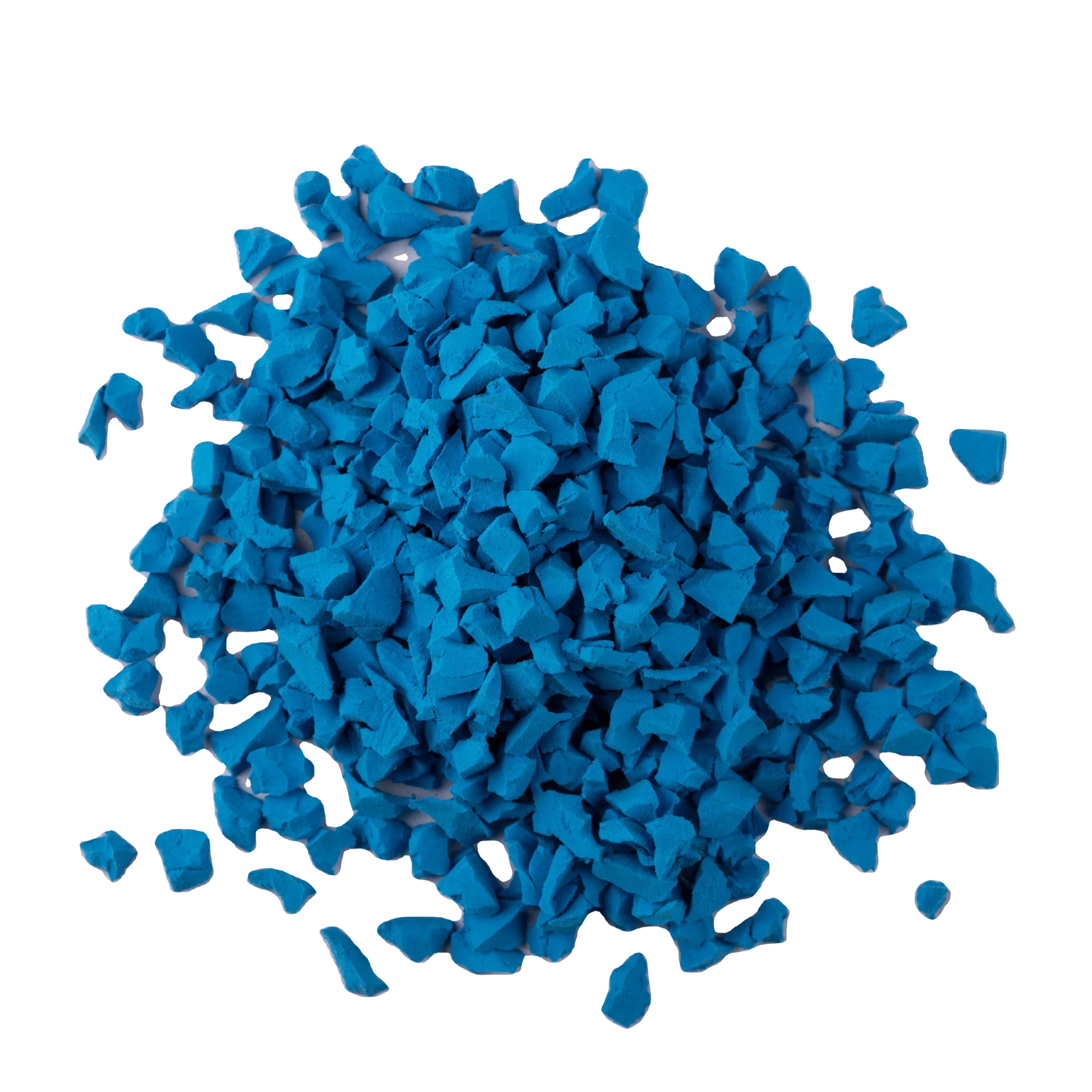 A pile of blue EPDM rubber granules on a white background.