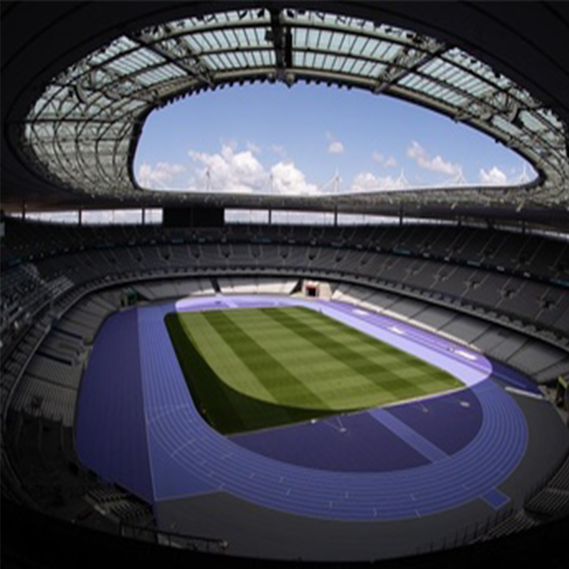 A panoramic view of the Stade de France in Saint-Denis, Paris, showcasing its iconic purple synthetic running track surrounding a lush green football pitch, under a vast open roof with scatter